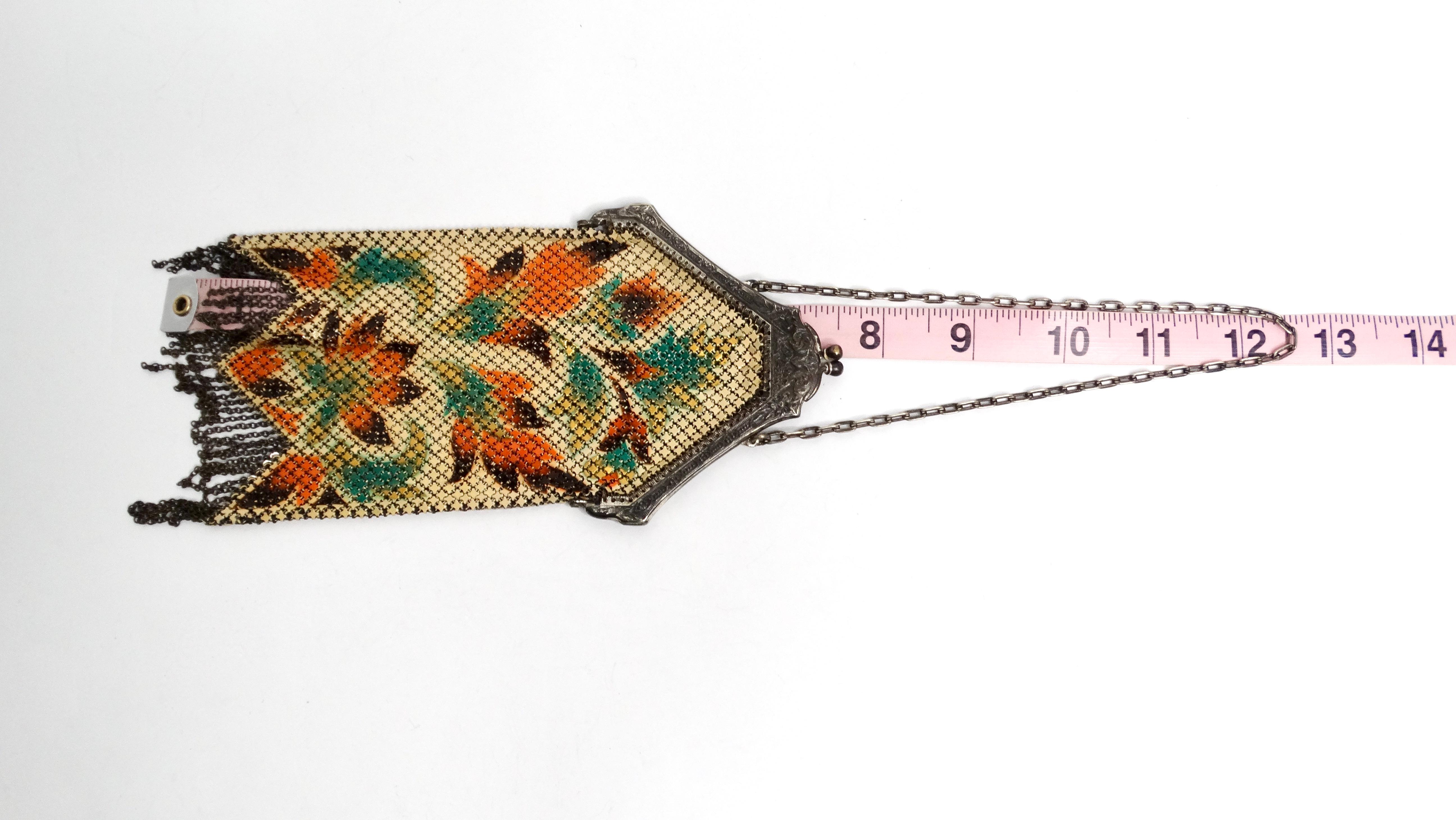 1920s Mandalian Enameled Flower Print & Silver Chain Metal Mesh Bag 2