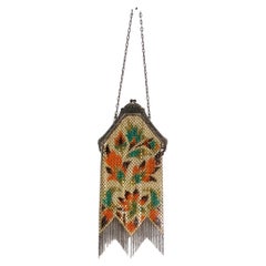 1920s Mandalian Enameled Flower Print & Silver Chain Metal Mesh Bag