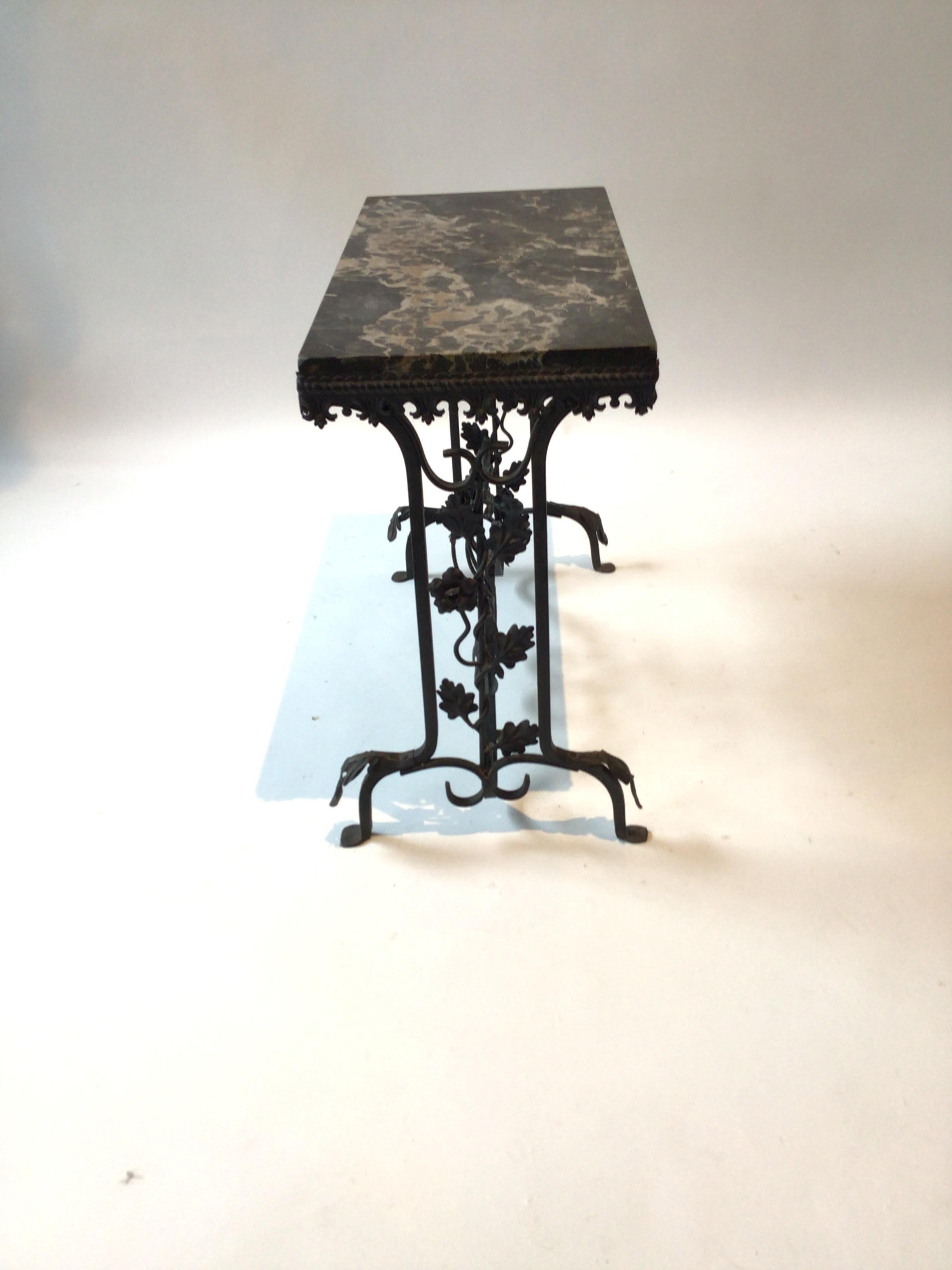 Early 20th Century 1920s Marble Top Floral Wrought Iron Side Table