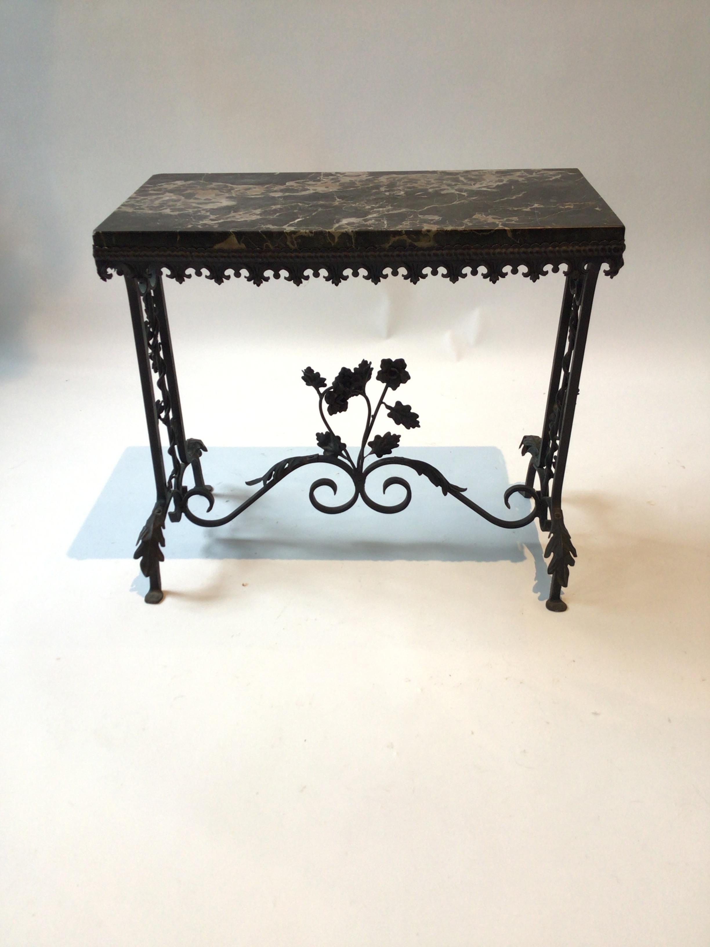 1920s Marble Top Floral Wrought Iron Side Table 1