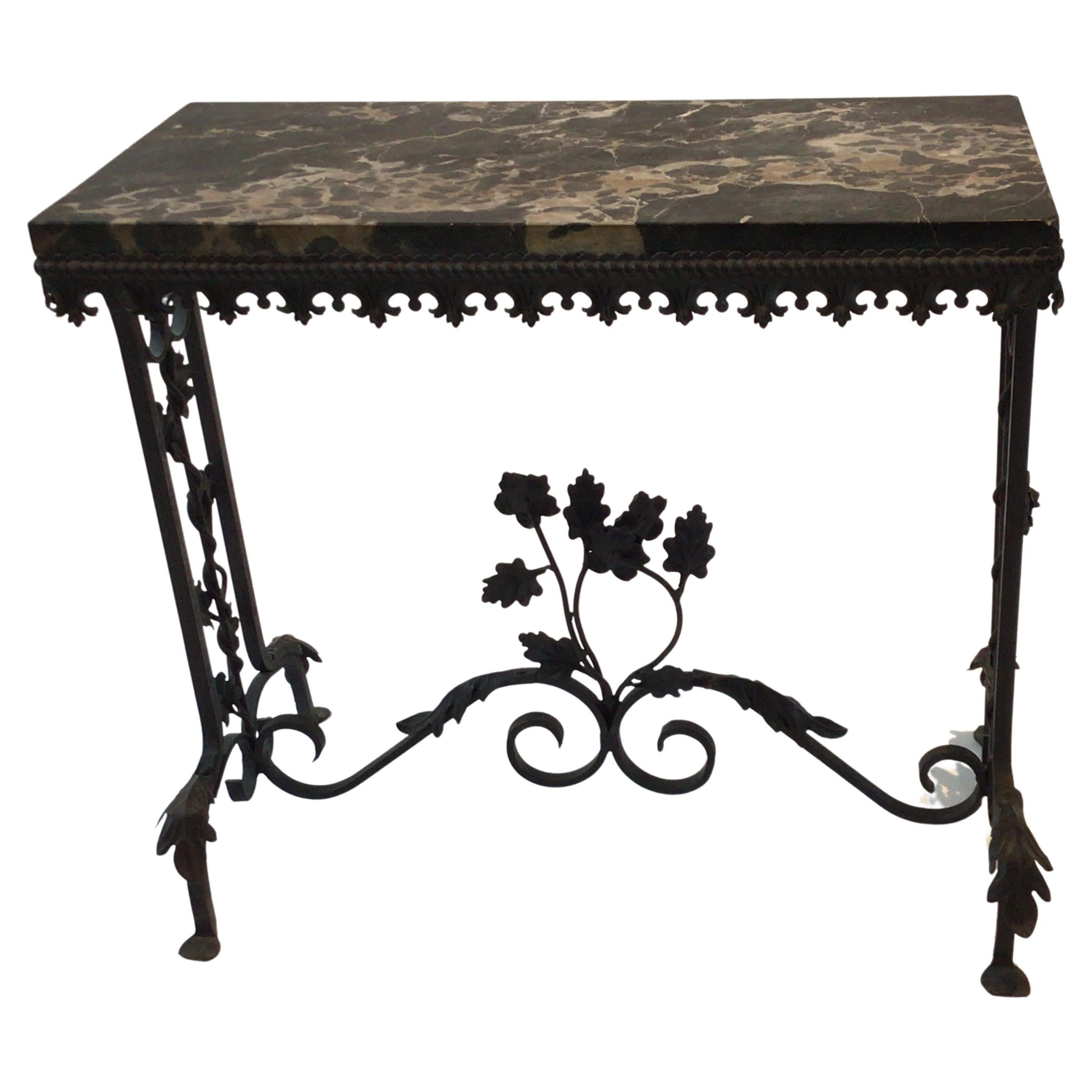 1920s Marble Top Floral Wrought Iron Side Table