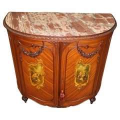 1920's Marble Top Satinwood Adam Style Paint Decorated Demilune Cabinet Commode