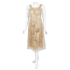 1920's Martha Weathered Couture Pastel Silk Rosettes Filet Lace Flapper Dress