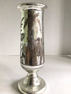 1920s Mercury Glass Vase with Etched Decal Design
