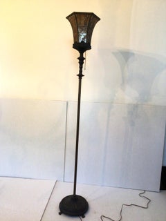 1920s Metal Floor Lamp with Painted Mica Shade