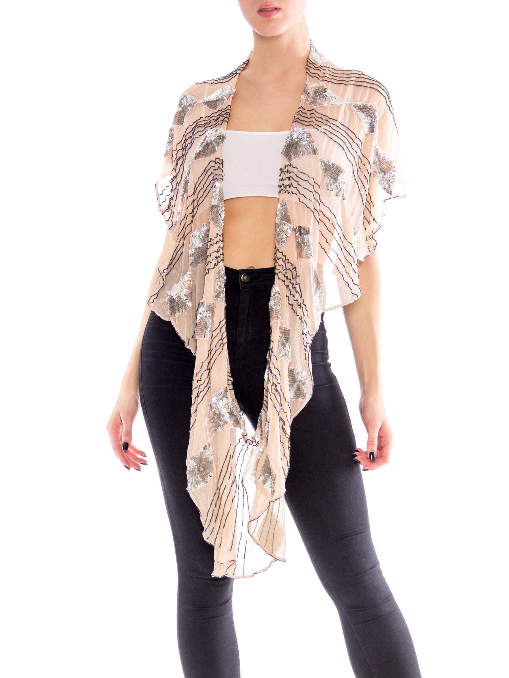 Women's MORPHEW COLLECTION Blush Pink Silk Chiffon Scarf With Metallic Silver Sequins &