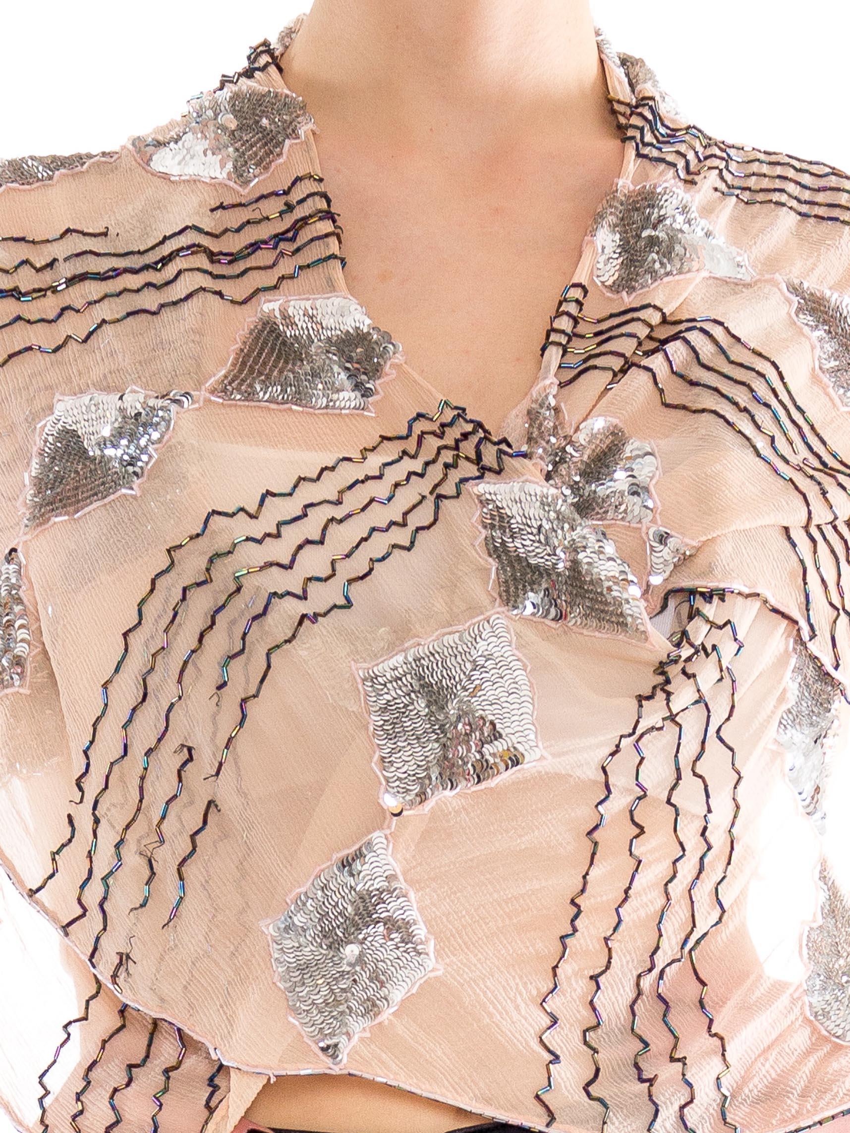 MORPHEW COLLECTION Blush Pink Silk Chiffon Scarf With Metallic Silver Sequins & 1