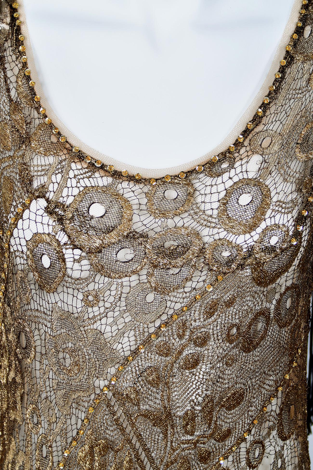 1920's Metallic Gold Lamé Lace Deco Flapper Fringe Margot Robbie Film-Worn Dress 5