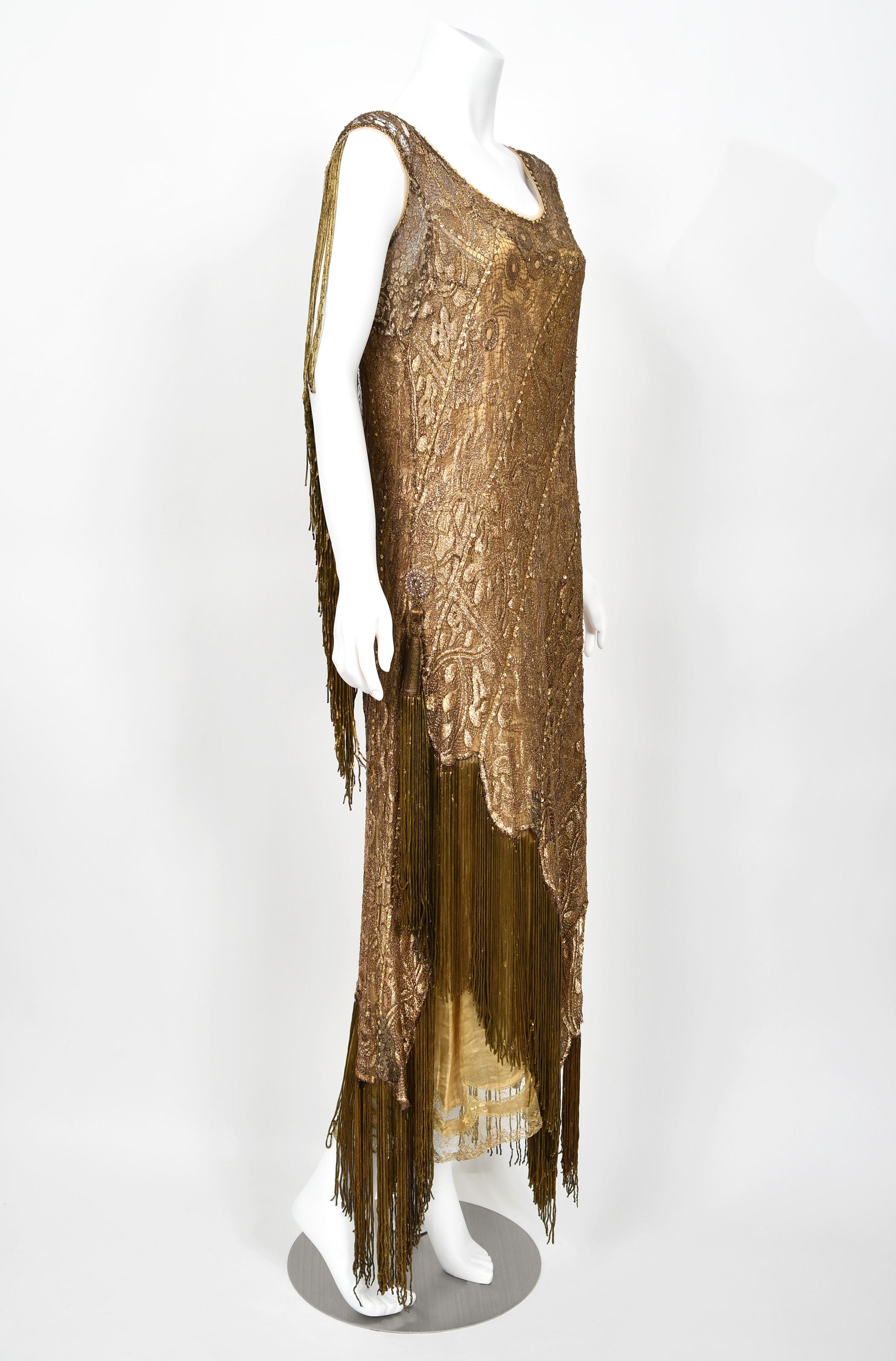 1920's Metallic Gold Lamé Lace Deco Flapper Fringe Margot Robbie Film-Worn Dress 6