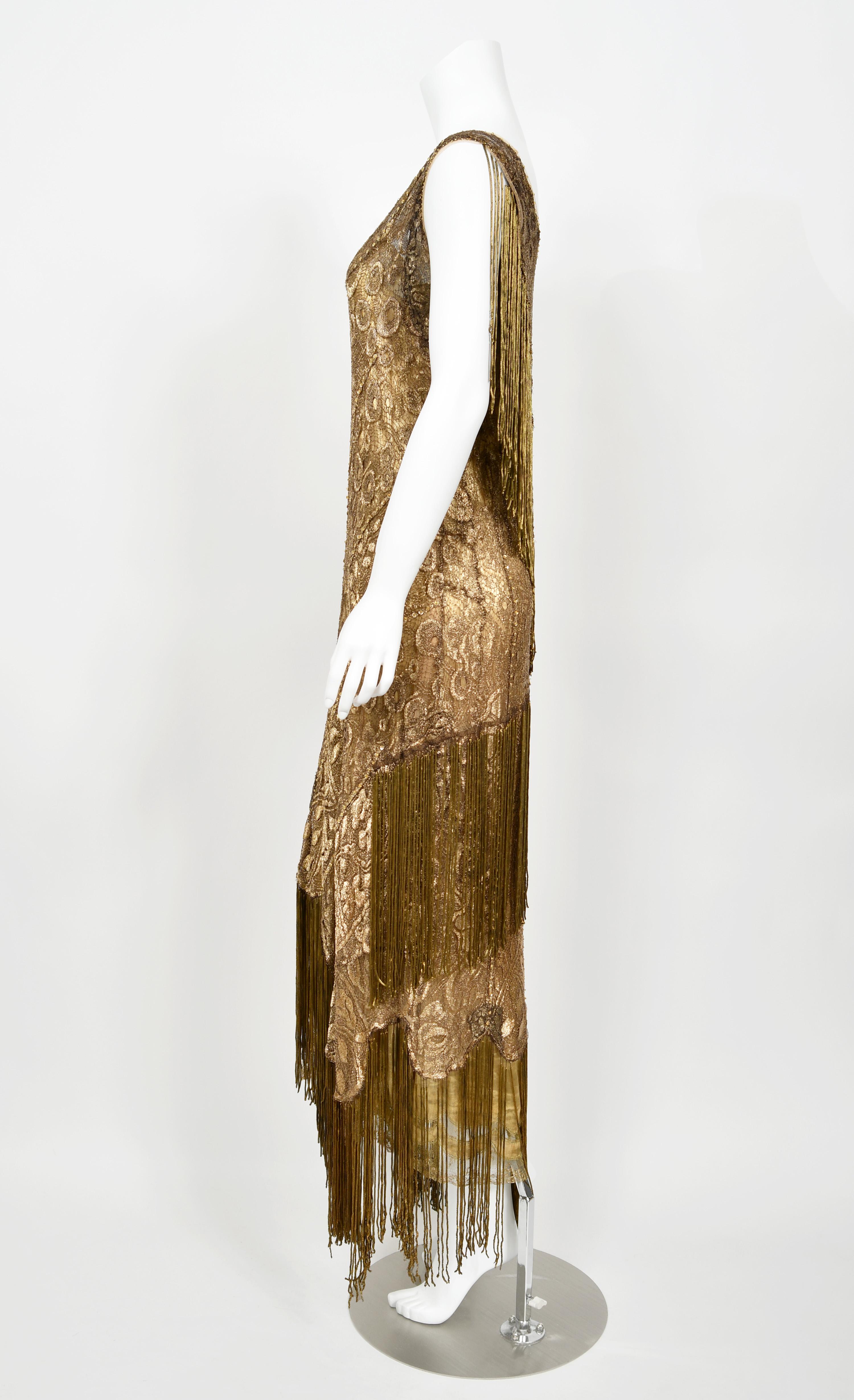 1920's Metallic Gold Lamé Lace Deco Flapper Fringe Margot Robbie Film-Worn Dress 10