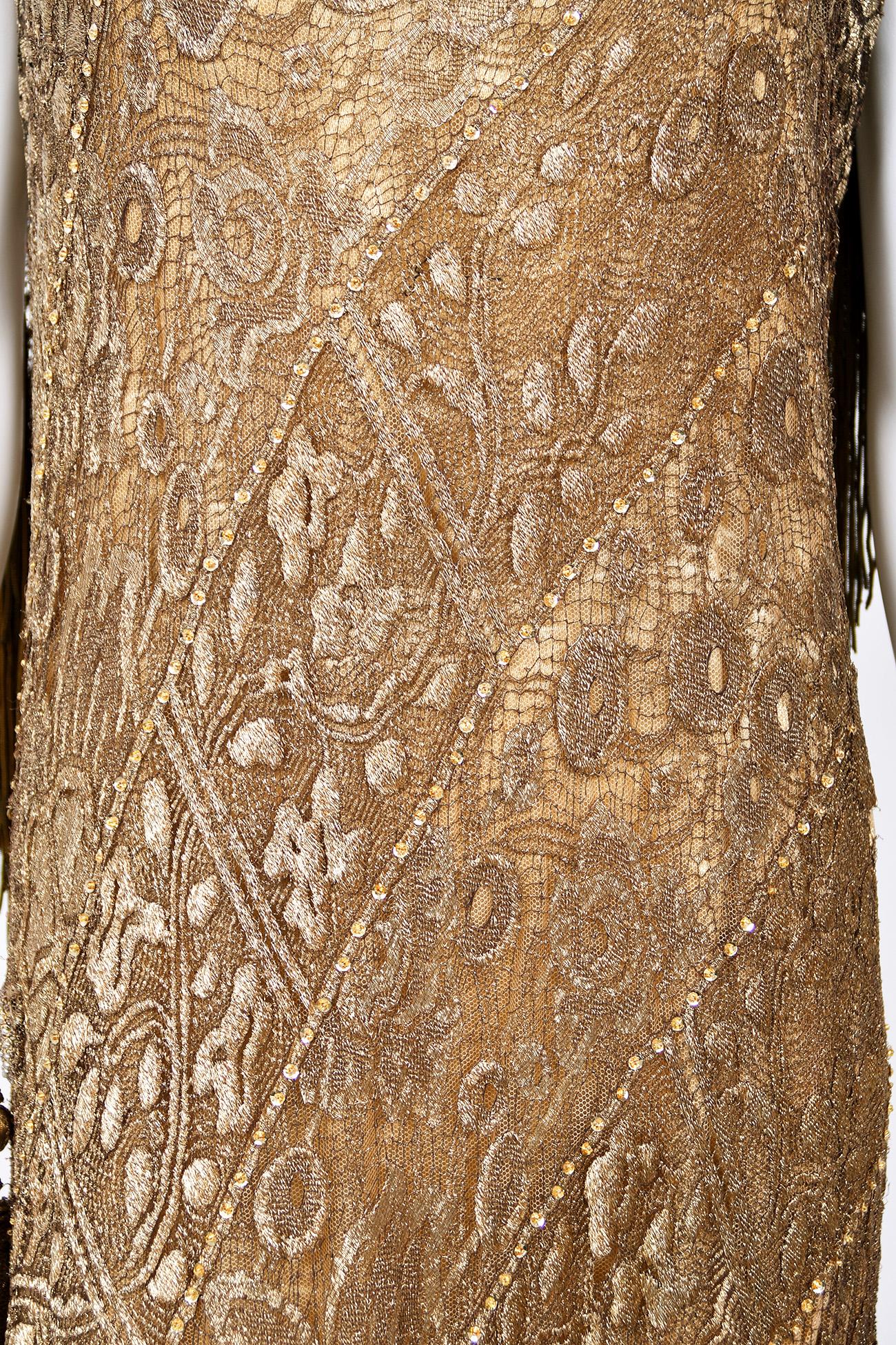1920's Metallic Gold Lamé Lace Deco Flapper Fringe Margot Robbie Film-Worn Dress 12