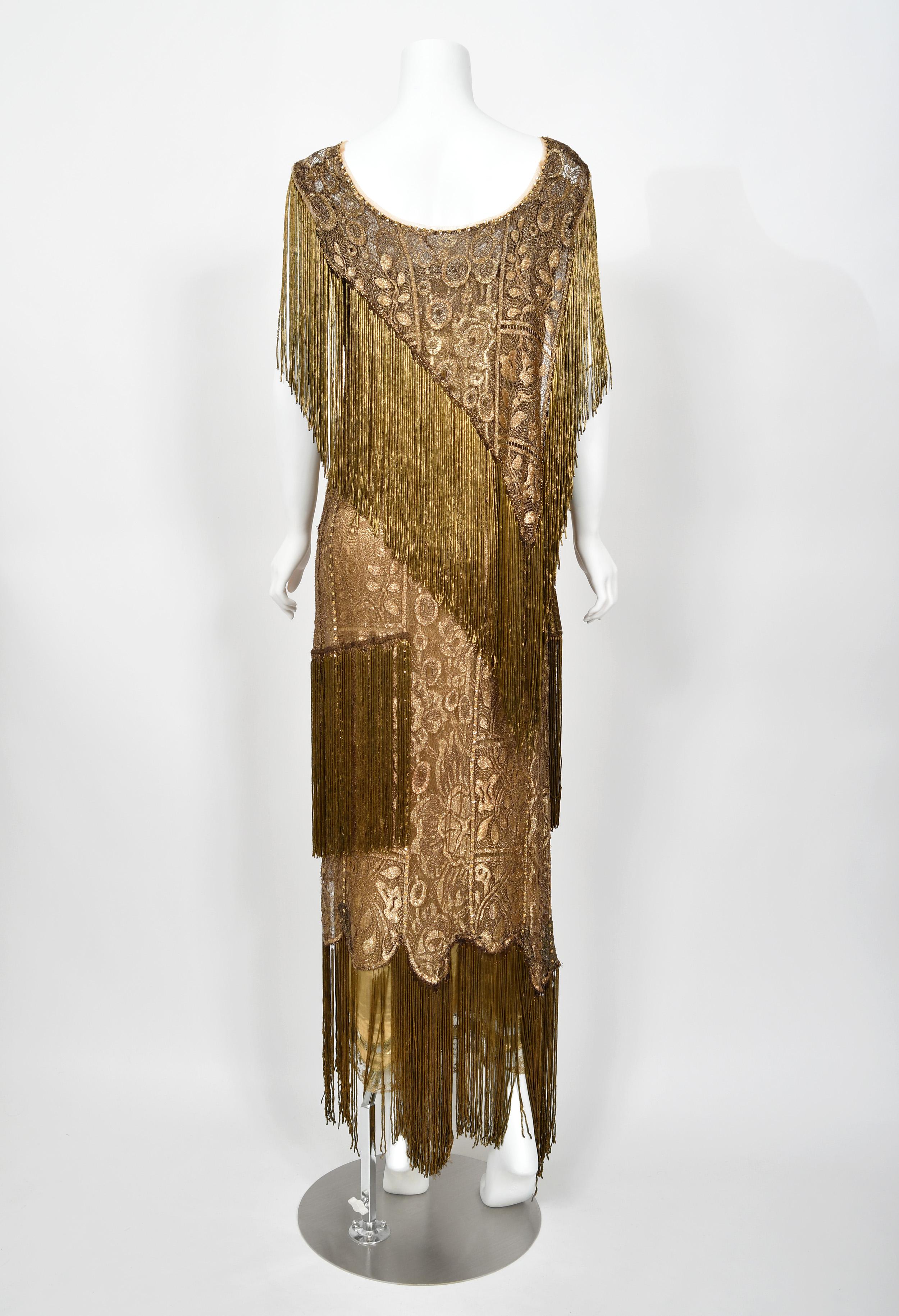 1920's Metallic Gold Lamé Lace Deco Flapper Fringe Margot Robbie Film-Worn Dress 14