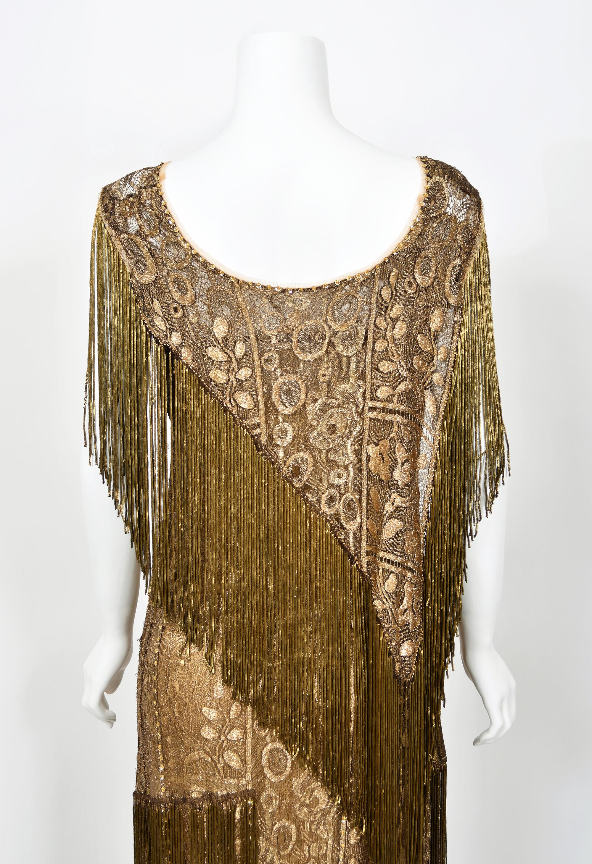 1920's Metallic Gold Lamé Lace Deco Flapper Fringe Margot Robbie Film-Worn Dress 15