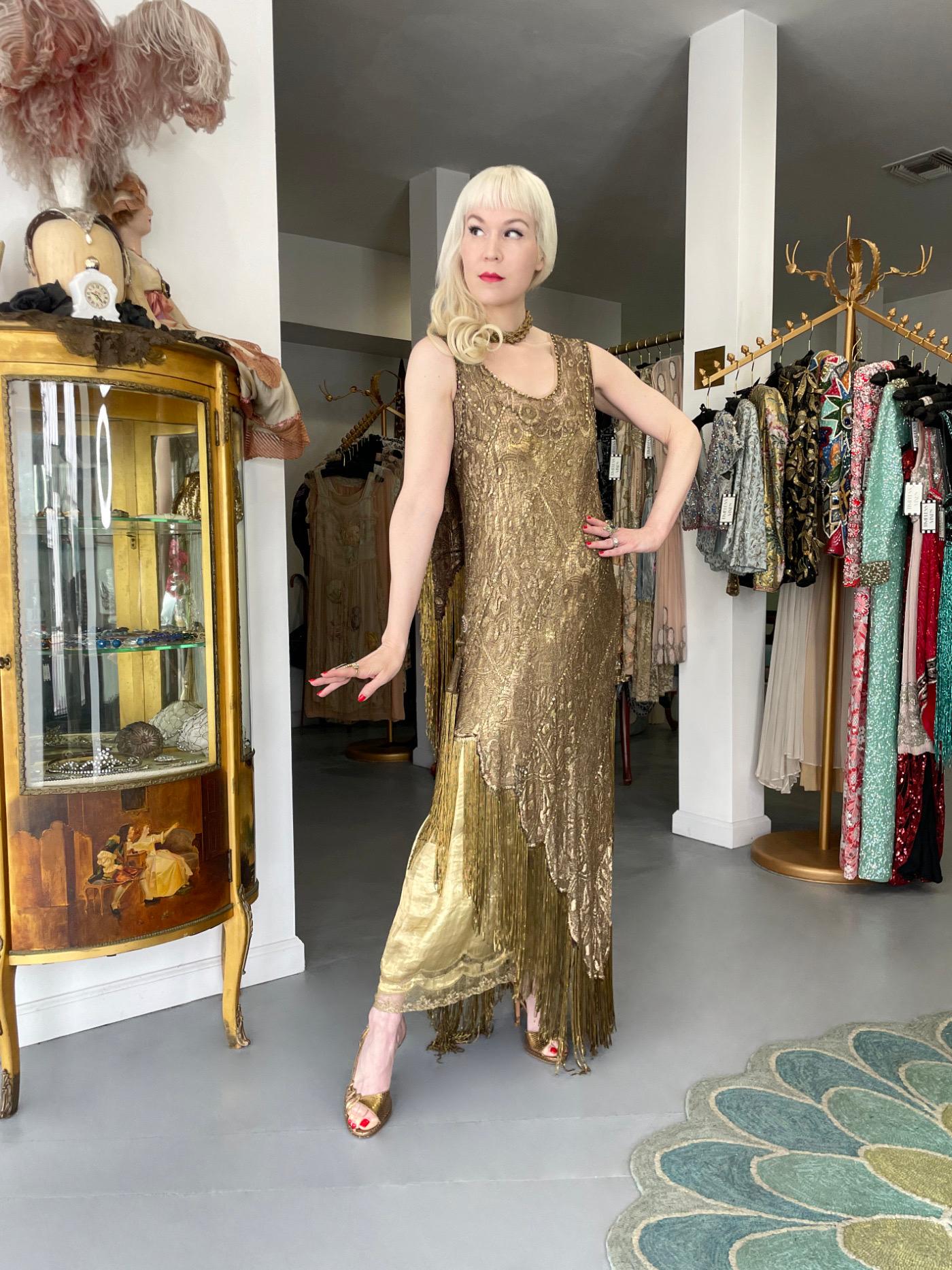 1920's Metallic Gold Lamé Lace Deco Flapper Fringe Margot Robbie Film-Worn Dress 1
