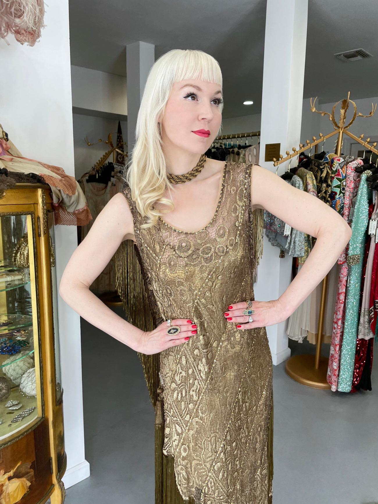 1920's Metallic Gold Lamé Lace Deco Flapper Fringe Margot Robbie Film-Worn Dress 2