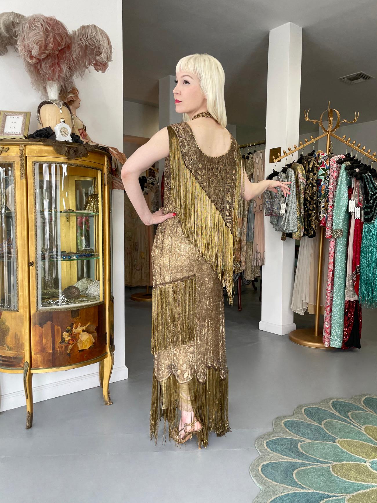 1920's Metallic Gold Lamé Lace Deco Flapper Fringe Margot Robbie Film-Worn Dress 3