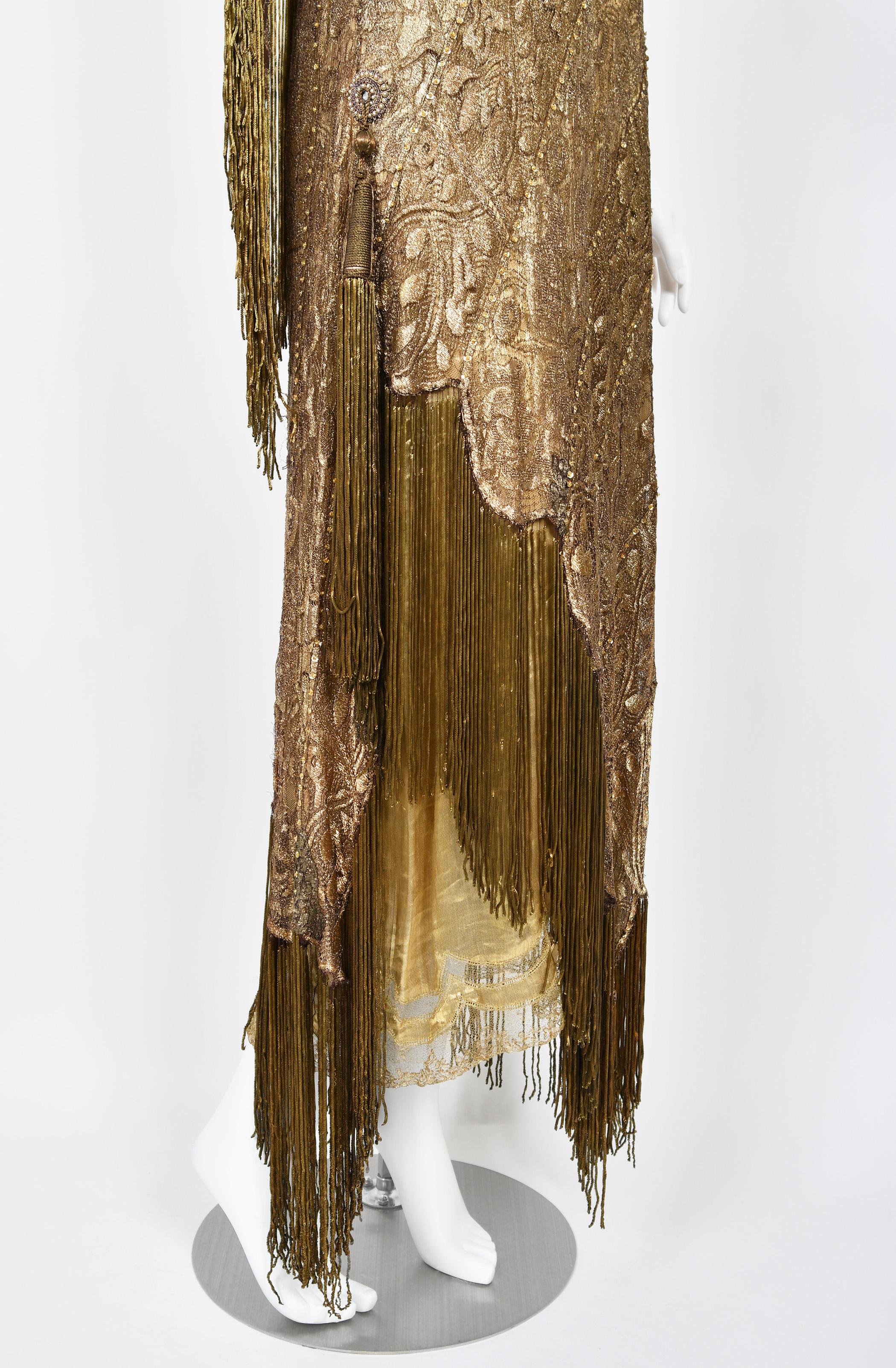 1920's Metallic Gold Lamé Lace Deco Flapper Fringe Margot Robbie Film-Worn Dress 7