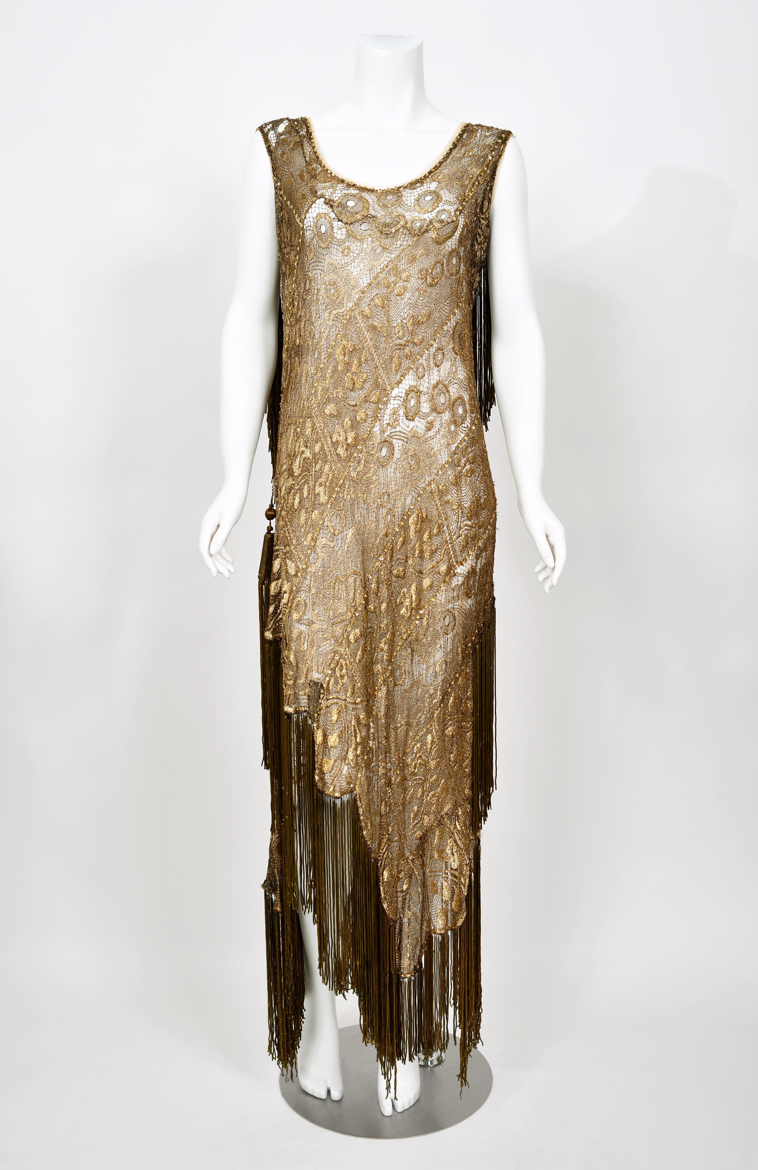 1920's Metallic Gold Lamé Lace Deco Flapper Fringe Margot Robbie Film-Worn Dress 4