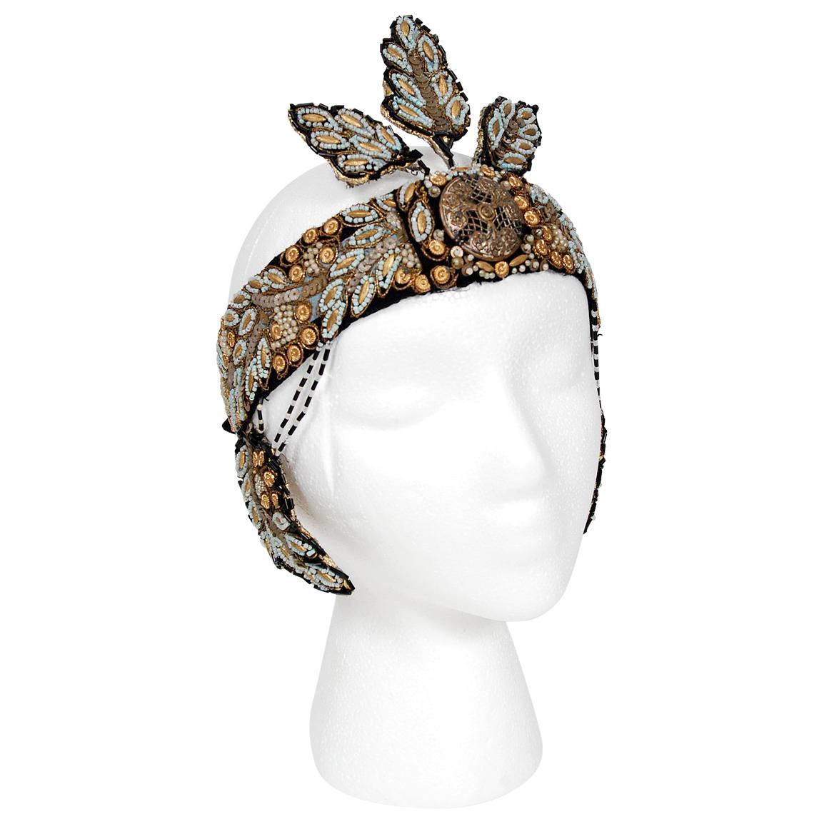 1920's Metallic-Gold Leaf Motif Beaded Sequin Flapper Fringe Crown Headpiece 