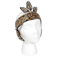 1920's Metallic-Gold Leaf Motif Beaded Sequin Flapper Fringe Crown Headpiece