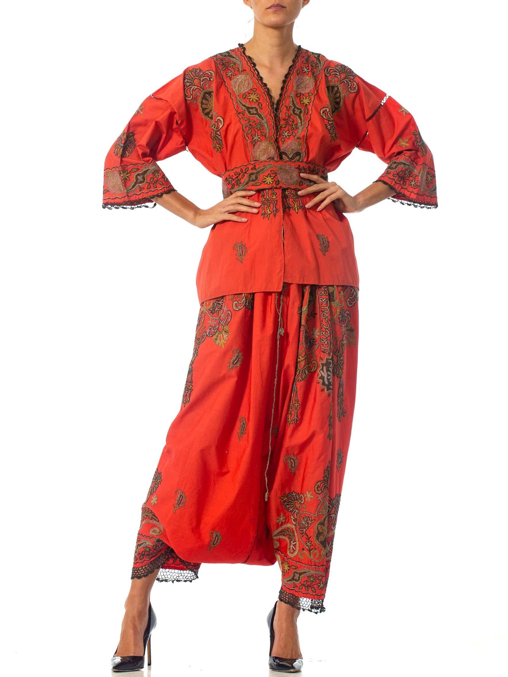 1920S Metallic Hand Embroidered Cotton Kimono Robe And Harem Pant Ensemble With Coordinating Belt