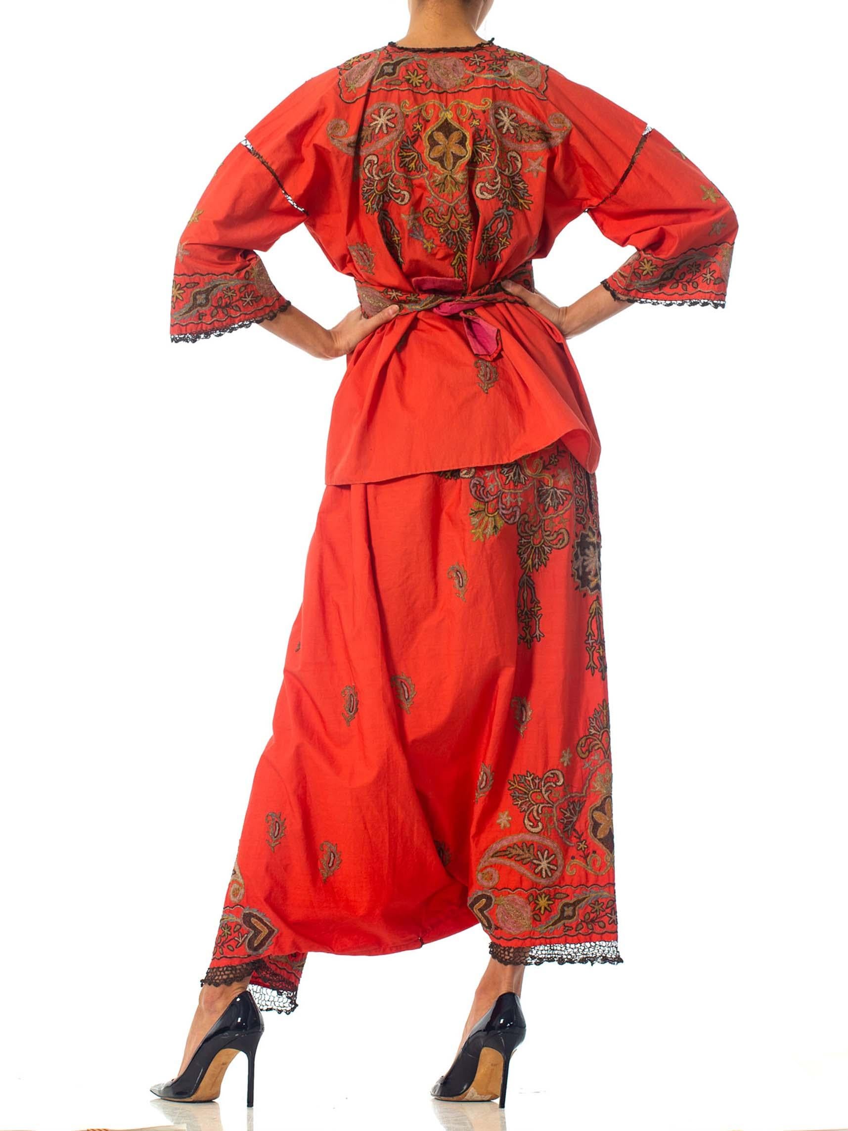 1920S Brick Red Metallic Hand Embroidered Cotton & Silk Kimono Robe And Harem P 1