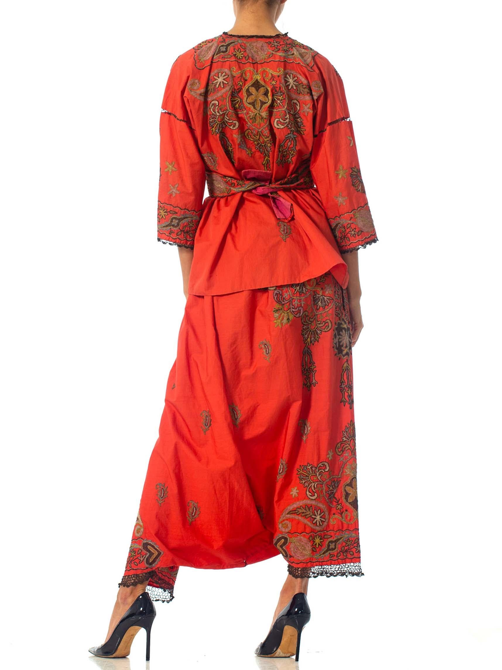 1920S Brick Red Metallic Hand Embroidered Cotton & Silk Kimono Robe And Harem P 2