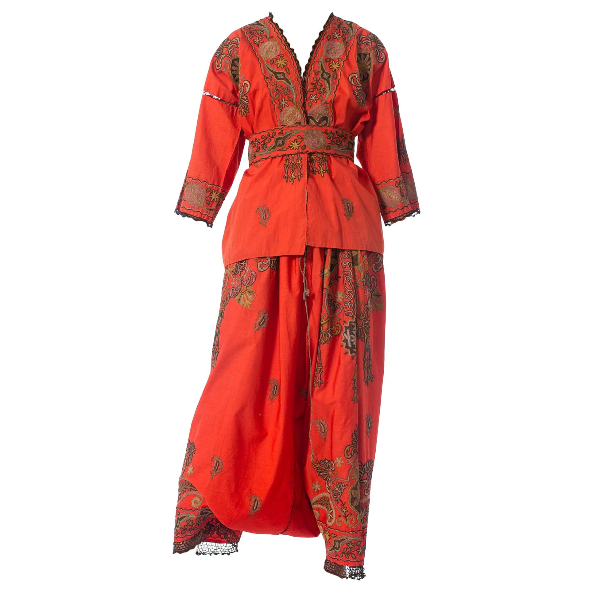 1920S Brick Red Metallic Hand Embroidered Cotton & Silk Kimono Robe And Harem P