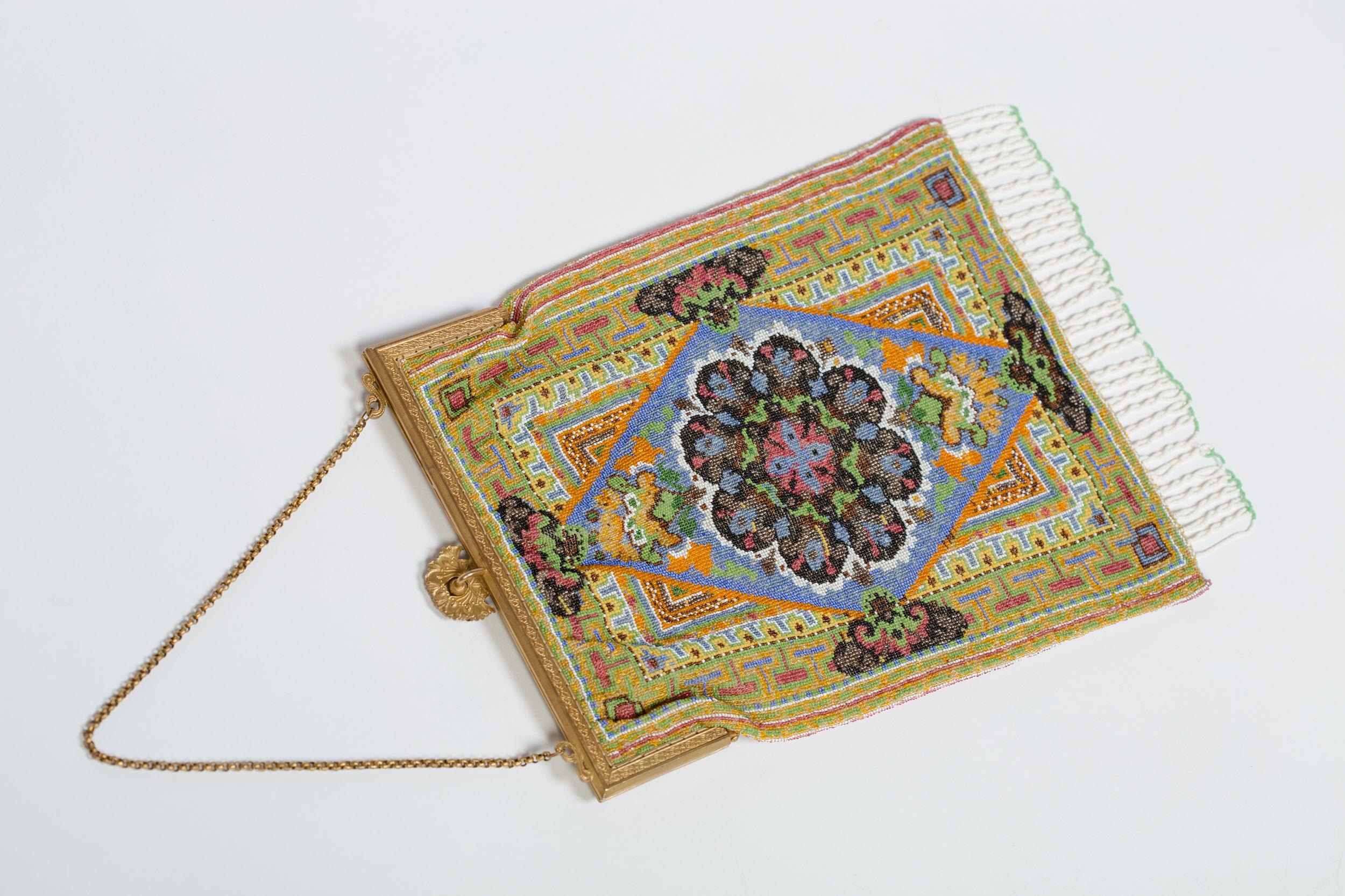 1920S Micro Beaded Persian Rug Purse Bag In Excellent Condition In New York, NY