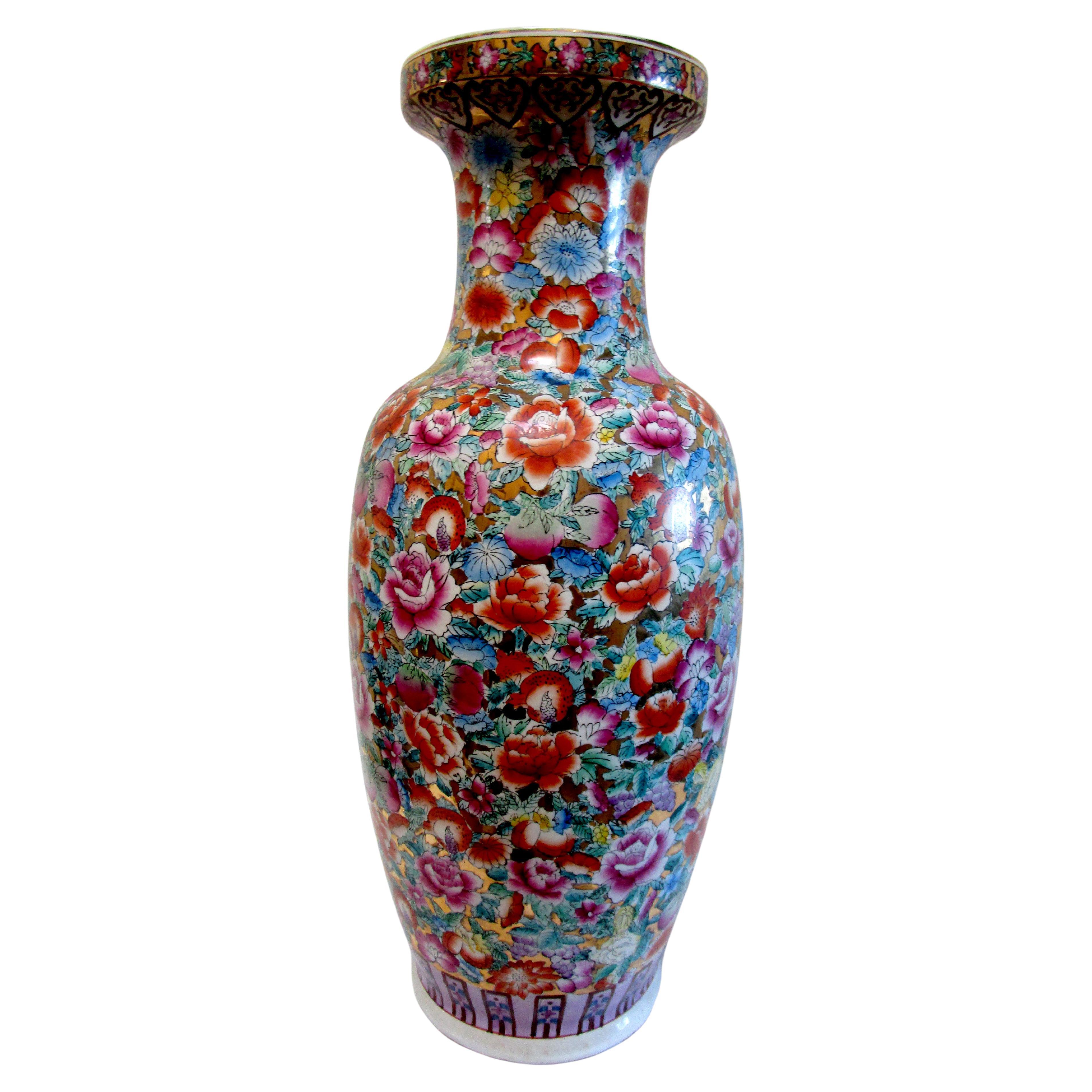 1920s Mille Fiori Chinese Export Parcel Gilt Monumental Rouleau Vase For Sale