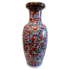 1920s Mille Fiori Chinese Export Parcel Gilt Monumental Rouleau Vase