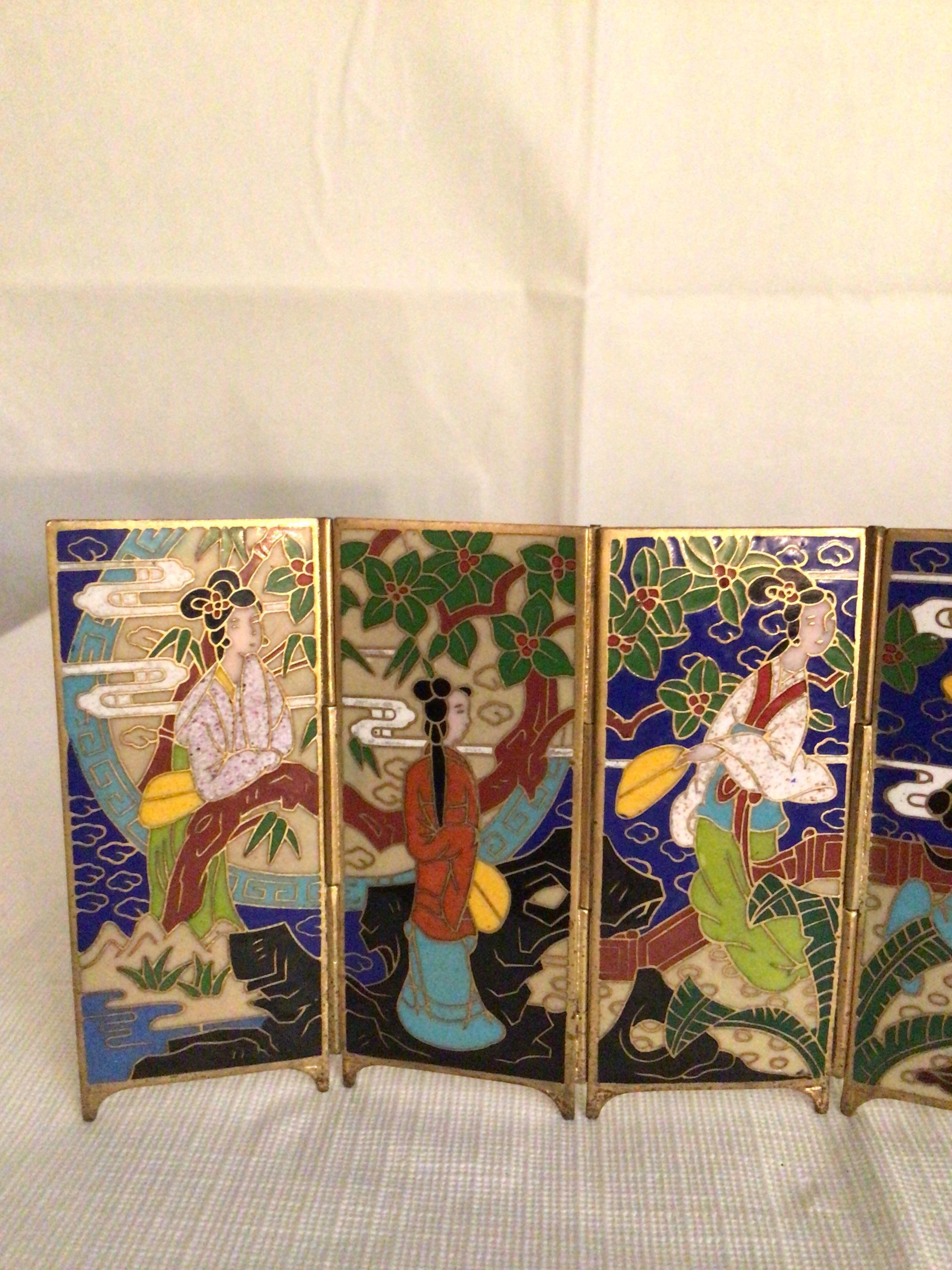 1920s Miniature Brass Painted Enamel Folding Screen In Good Condition In Tarrytown, NY