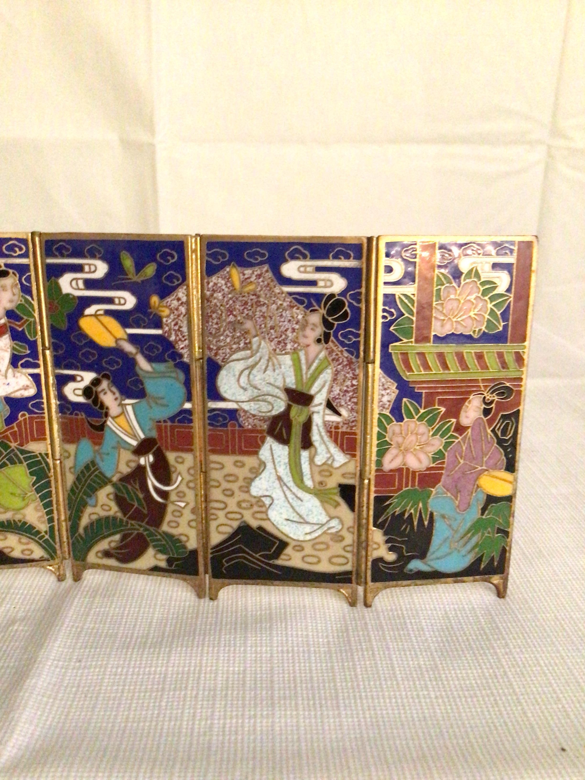 Early 20th Century 1920s Miniature Brass Painted Enamel Folding Screen