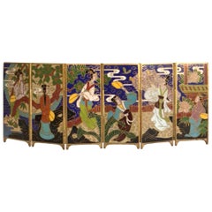 1920s Miniature Brass Painted Enamel Folding Screen