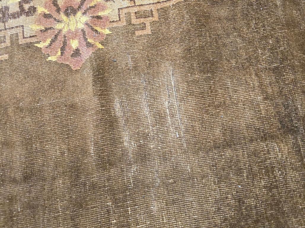 1920s Minimal Chocolate brown Art Deco Nichols Chinese Rug 9x11 In Good Condition For Sale In Los Angeles, CA