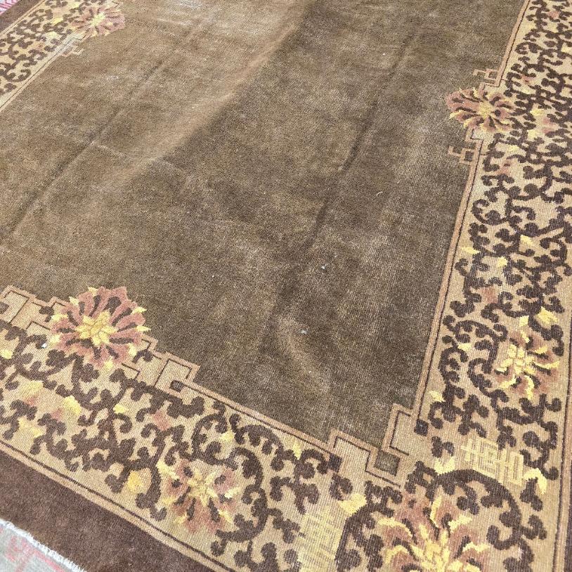 20th Century 1920s Minimal Chocolate brown Art Deco Nichols Chinese Rug 9x11 For Sale