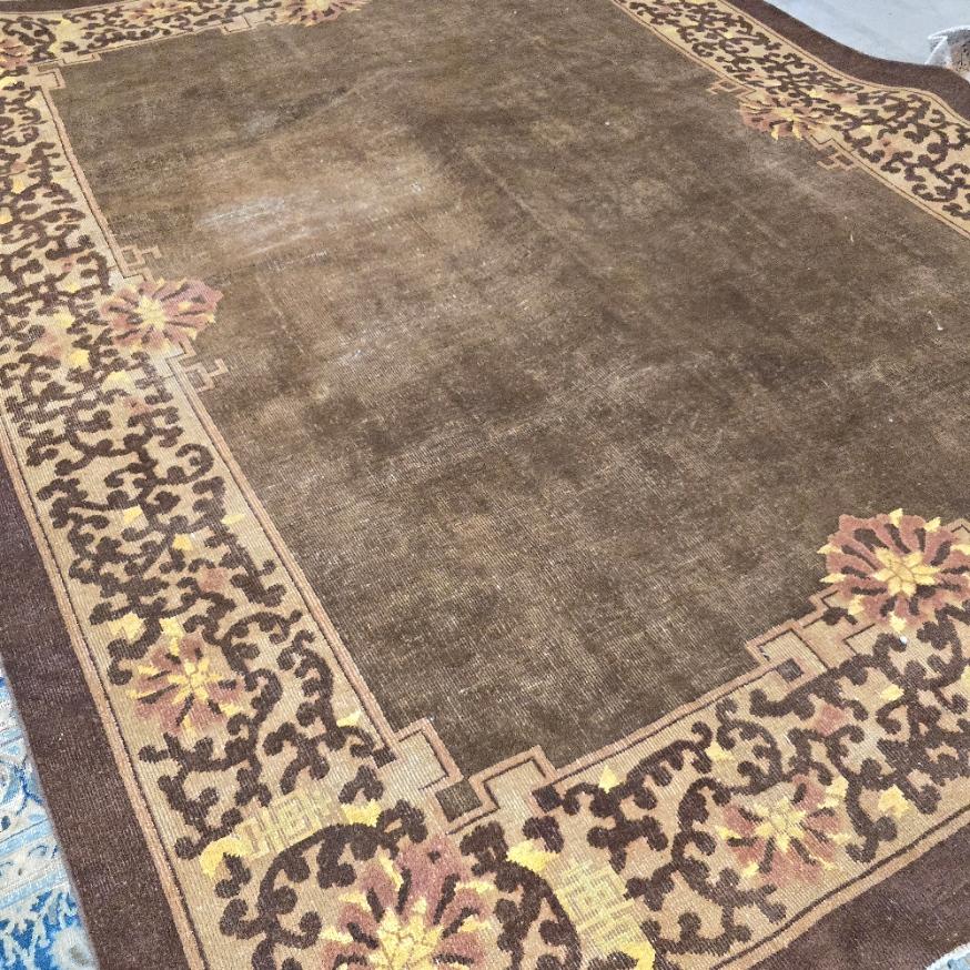 Wool 1920s Minimal Chocolate brown Art Deco Nichols Chinese Rug 9x11 For Sale