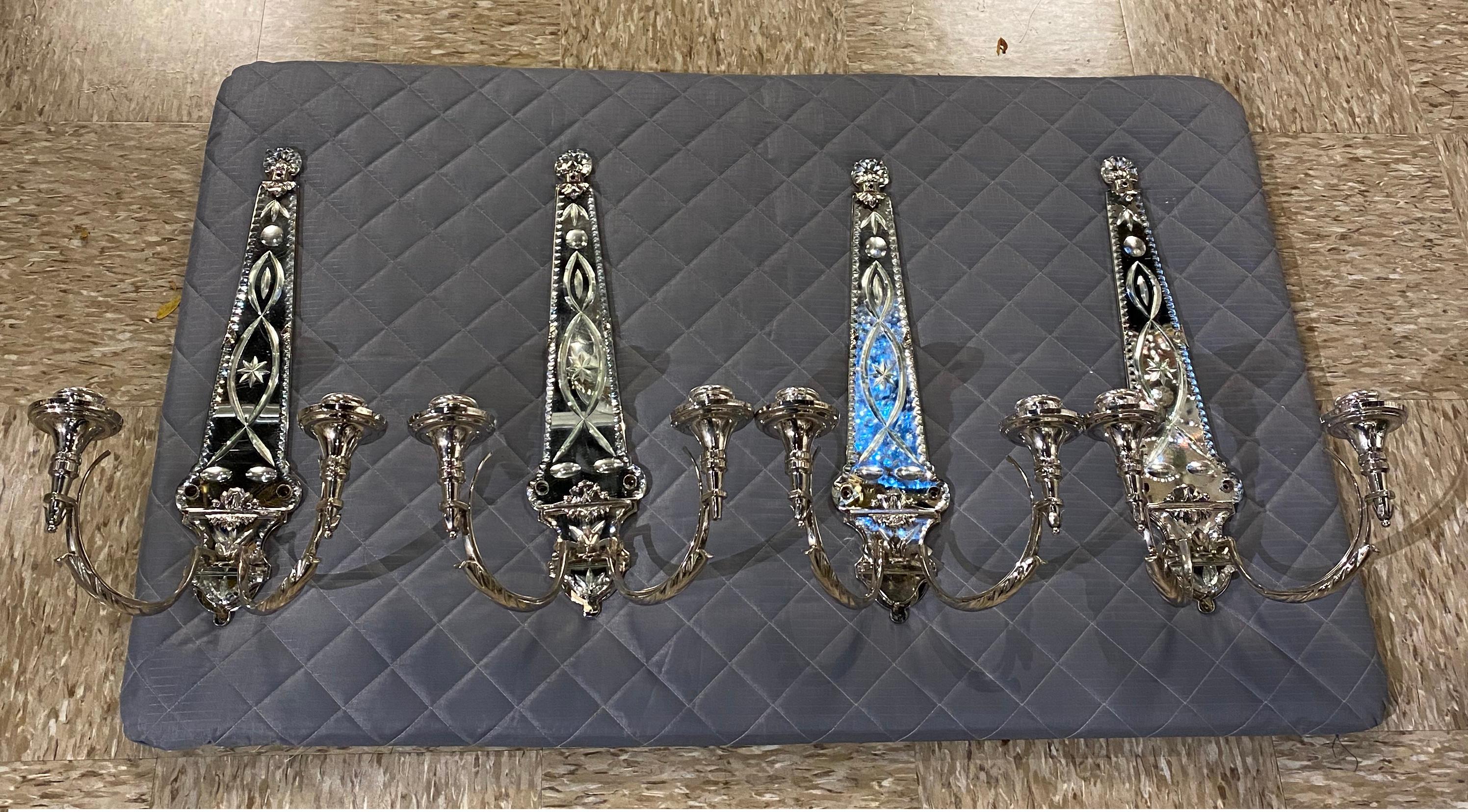 1920's Silver Plated Sconces with Etched Mirror In Good Condition For Sale In New York, NY