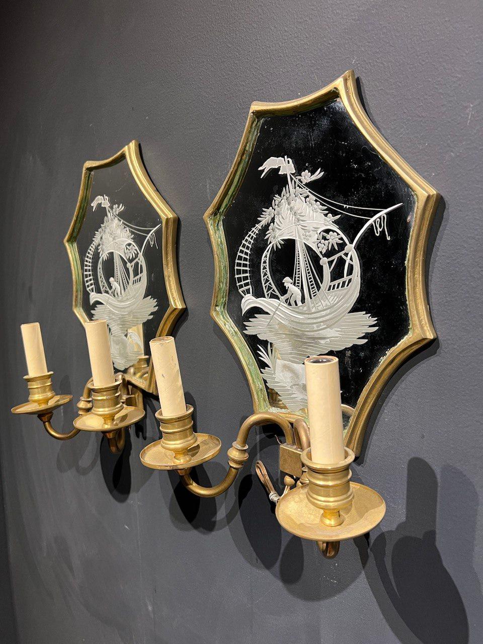 American Classical 1920's Etched Mirror Sconces with 2 Lights For Sale