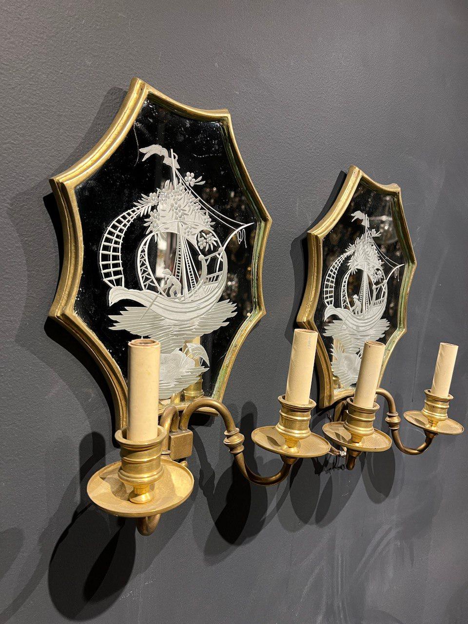 American 1920's Etched Mirror Sconces with 2 Lights For Sale