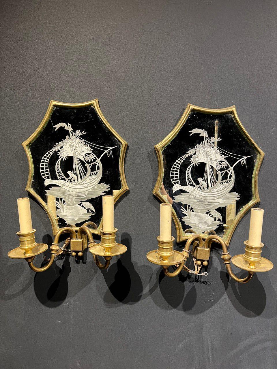 1920's Etched Mirror Sconces with 2 Lights In Good Condition For Sale In New York, NY