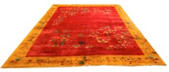 1920s Modern Red Field Asymmetrical Knotted Wool Antique Chinese Art Deco Carpet