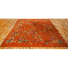1920s Modern Square Orange Bold Floral Knotted Wool Antique Chinese Art Deco Rug