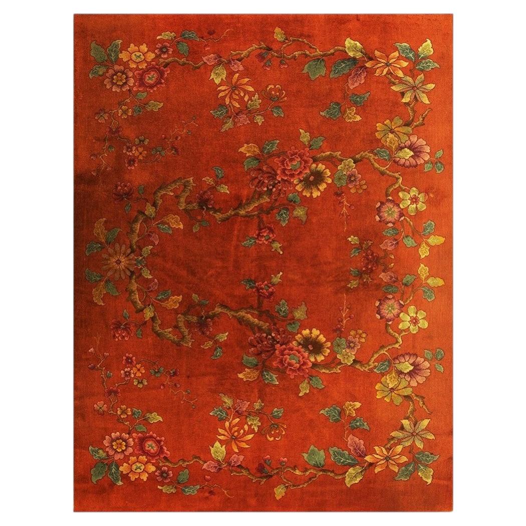 1920s Modern Square Orange Bold Floral Knotted Wool Antique Chinese Art Deco Rug