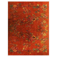 1920s Modern Square Orange Bold Floral Knotted Wool Antique Chinese Art Deco Rug