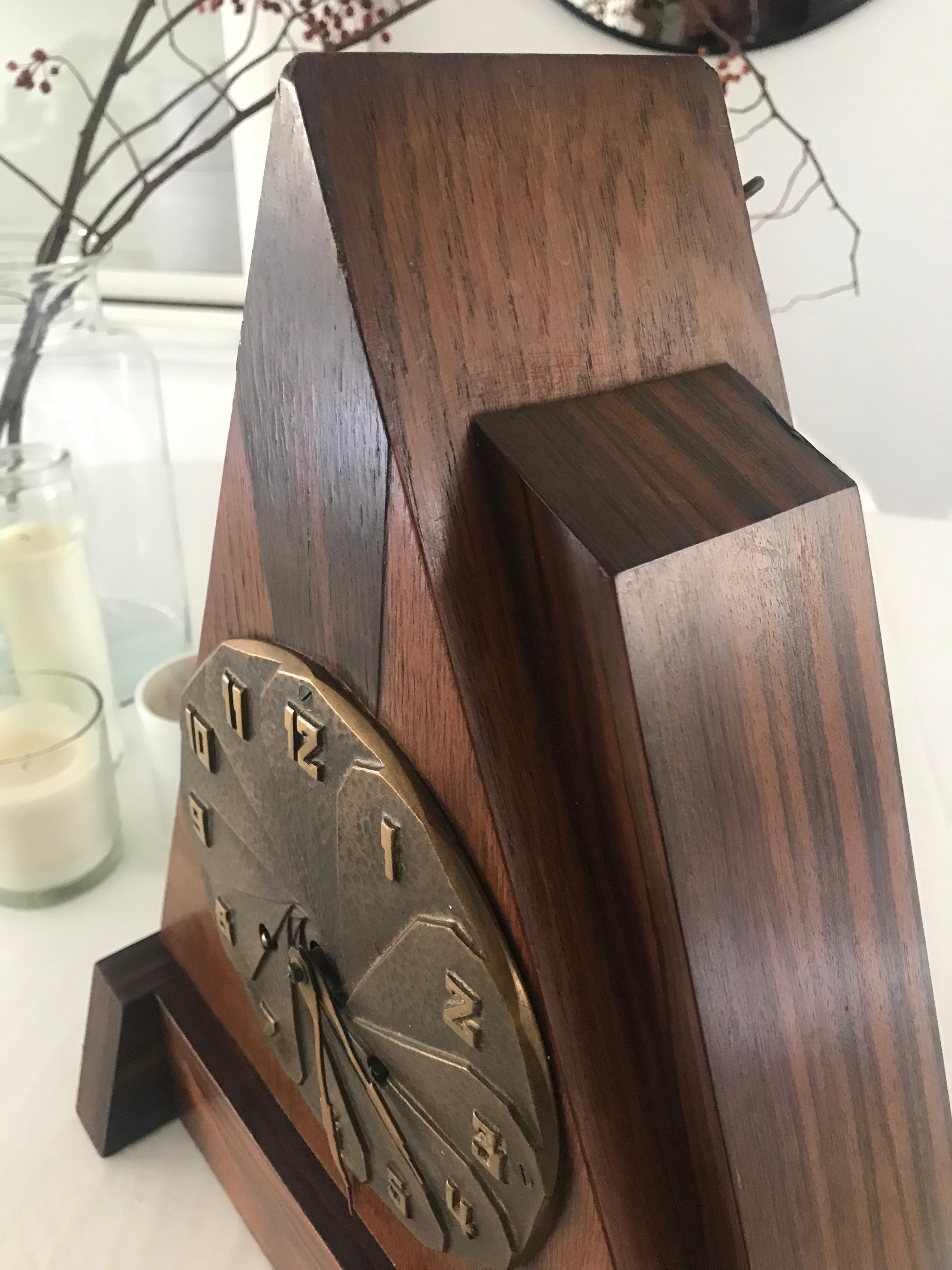 1920s Modernist Design Art Deco Oak, Coromandel and Bronze Mantle or Desk Clock For Sale 8