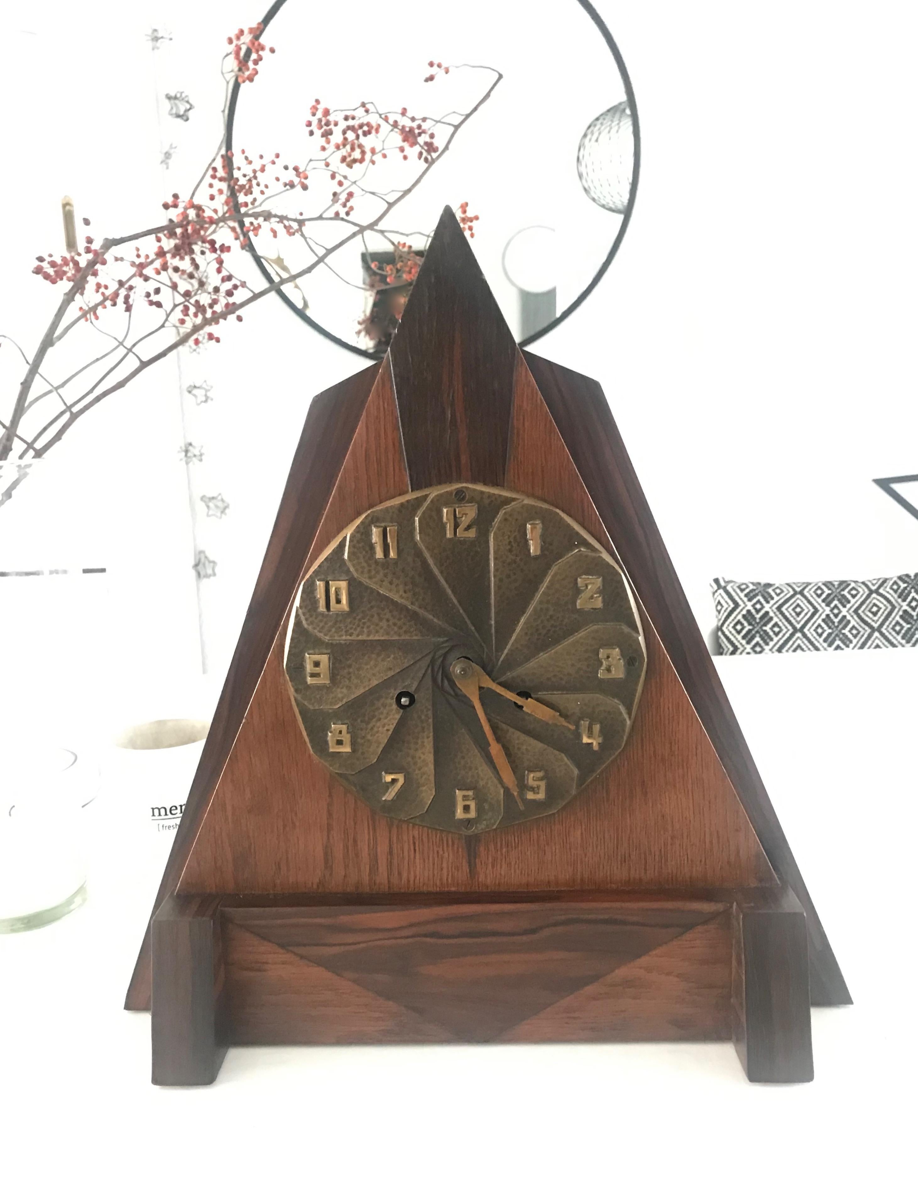 Dutch 1920s Modernist Design Art Deco Oak, Coromandel and Bronze Mantle or Desk Clock For Sale