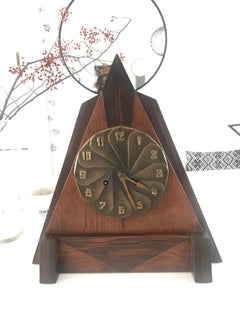 Antique 1920s Modernist Design Art Deco Oak, Coromandel and Bronze Mantle or Desk Clock