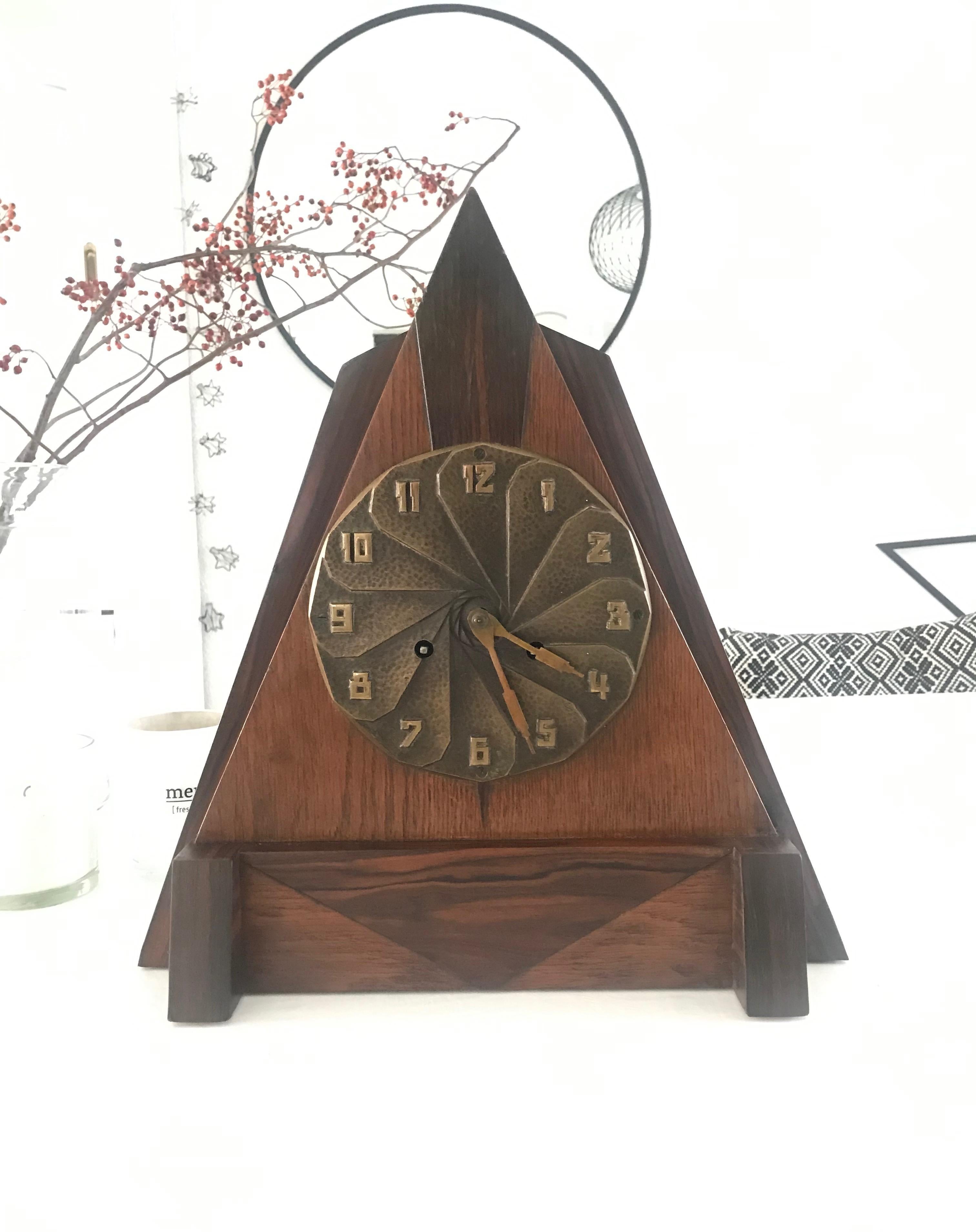 Hand-Crafted 1920s Modernist Design Art Deco Oak, Coromandel and Bronze Mantle or Desk Clock For Sale