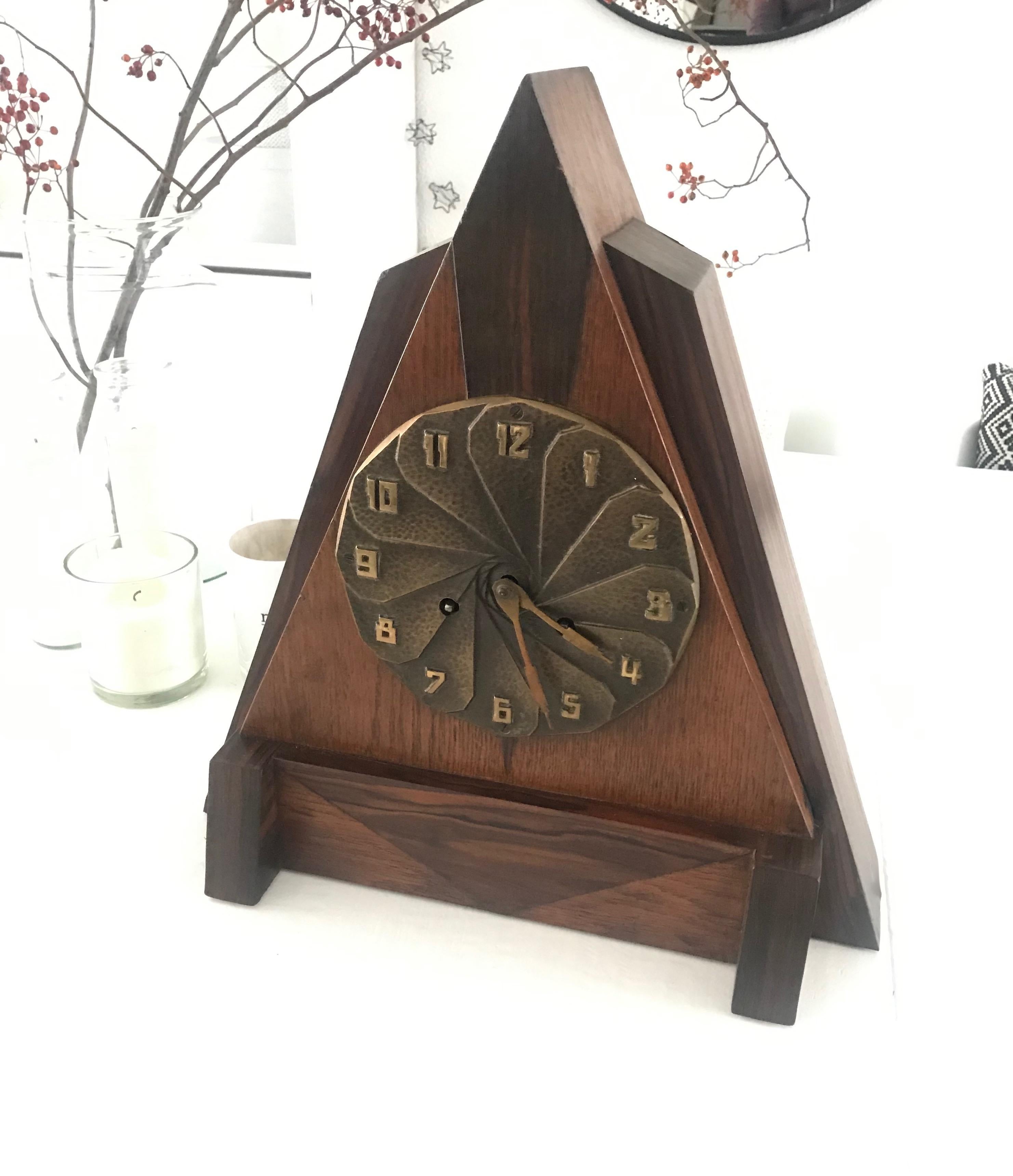 1920s Modernist Design Art Deco Oak, Coromandel and Bronze Mantle or Desk Clock For Sale 2